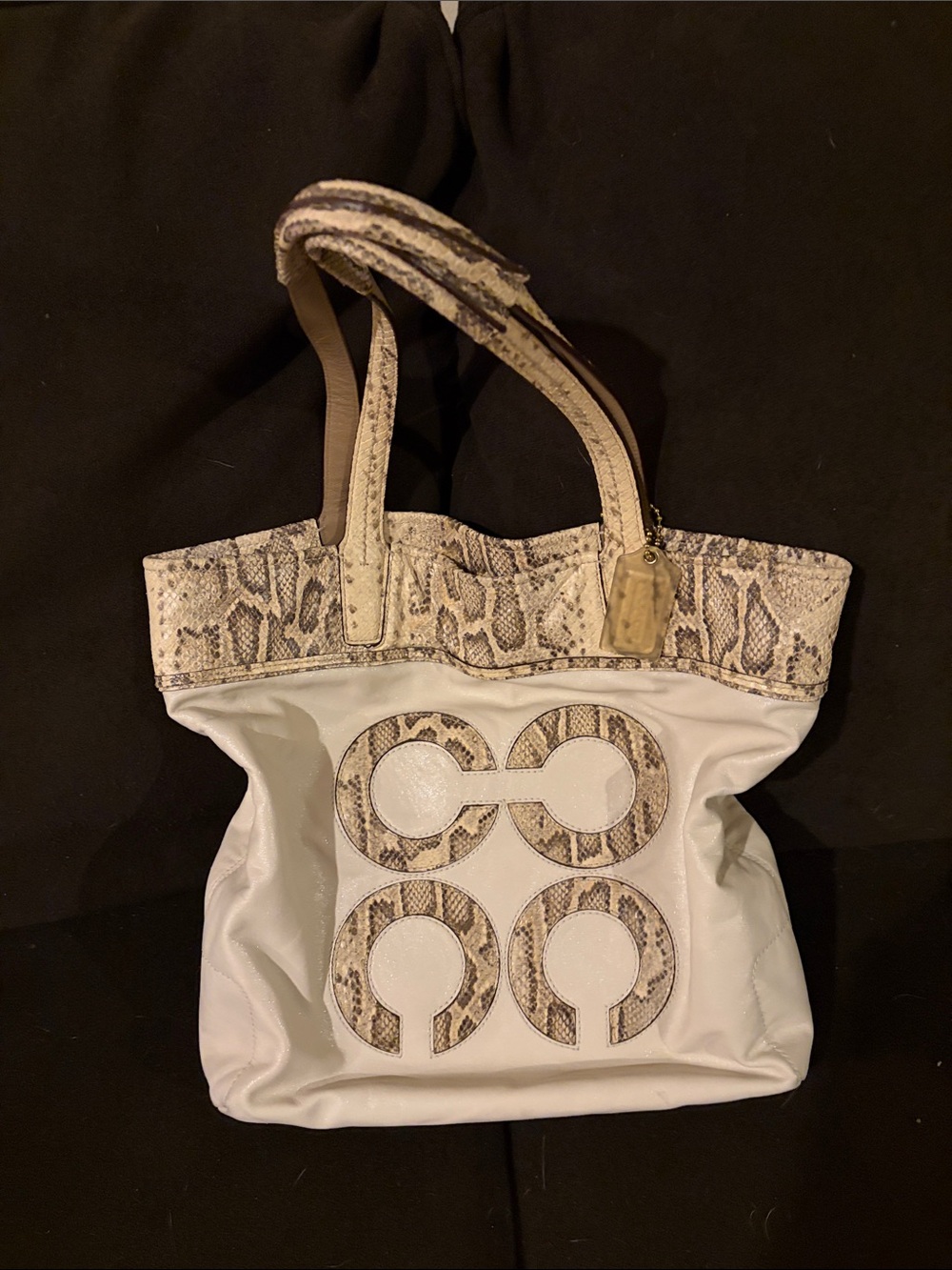 Coach White Tote with Snake-Print Trim